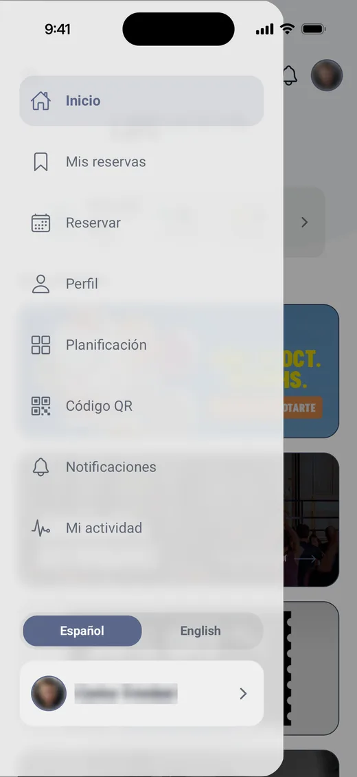 The menu of the club app: home, my bookings, book a class, profile, training plan, QR code, notifications and my activity.