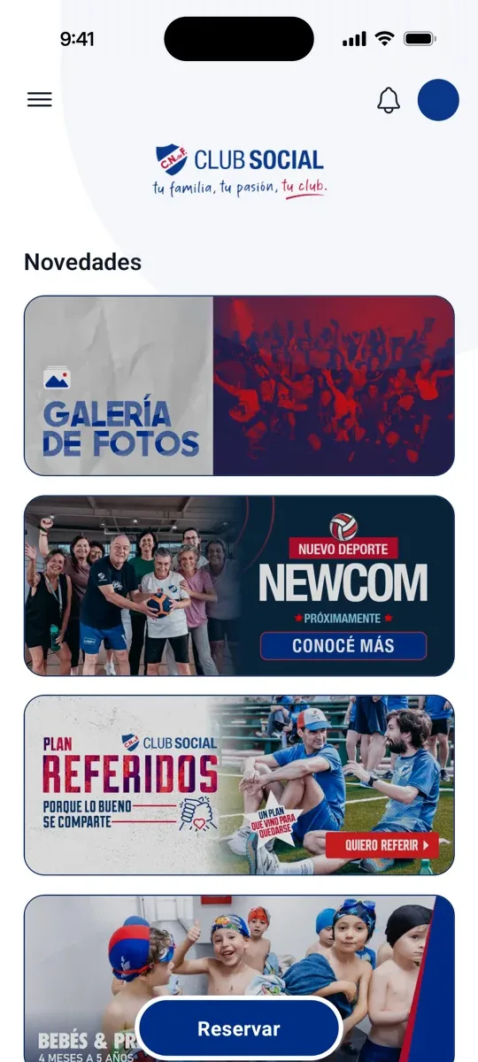 The home of the Nacional Club Social app, built on Gestio: the club's news, from the photo gallery and a new sport to its referral plan.