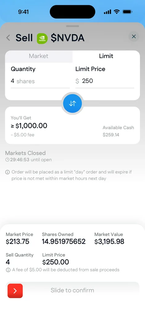 A limit sell order in the Arqam app: 4 Nvidia shares at $250, with the $5 fee and the amount to receive shown before confirming.