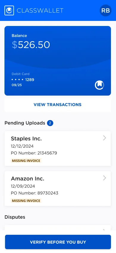 The ClassWallet mobile wallet: balance, debit card, transactions and pending invoice uploads.